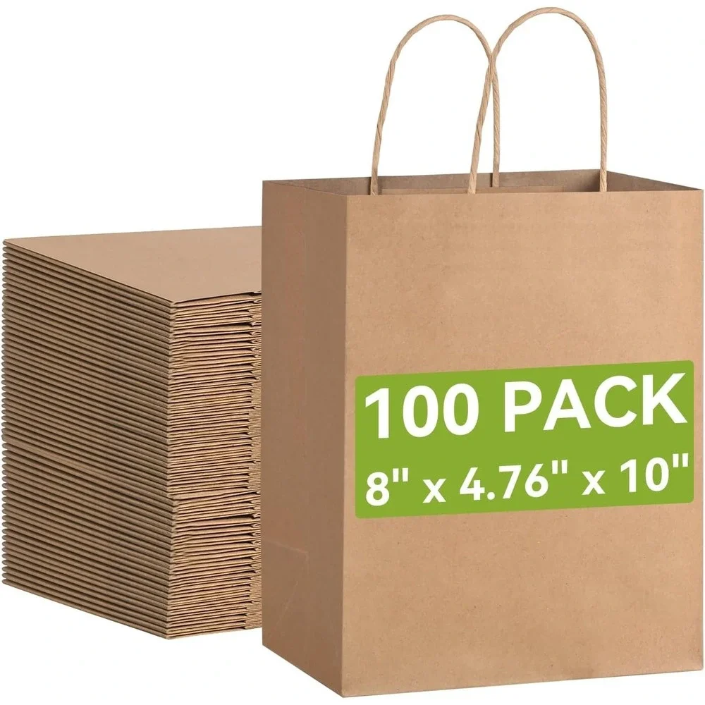 Brown Gift Bags with Handles 100PCS, 8 * 4.76 * 10 Inch Medium Kraft Paper Bags